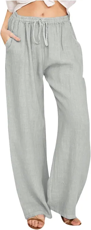2025 Summer Womens Cotton Linen Pants Casual Drawstring High Elastic Wide Leg Soft Loose Fit Trousers with Pockets
