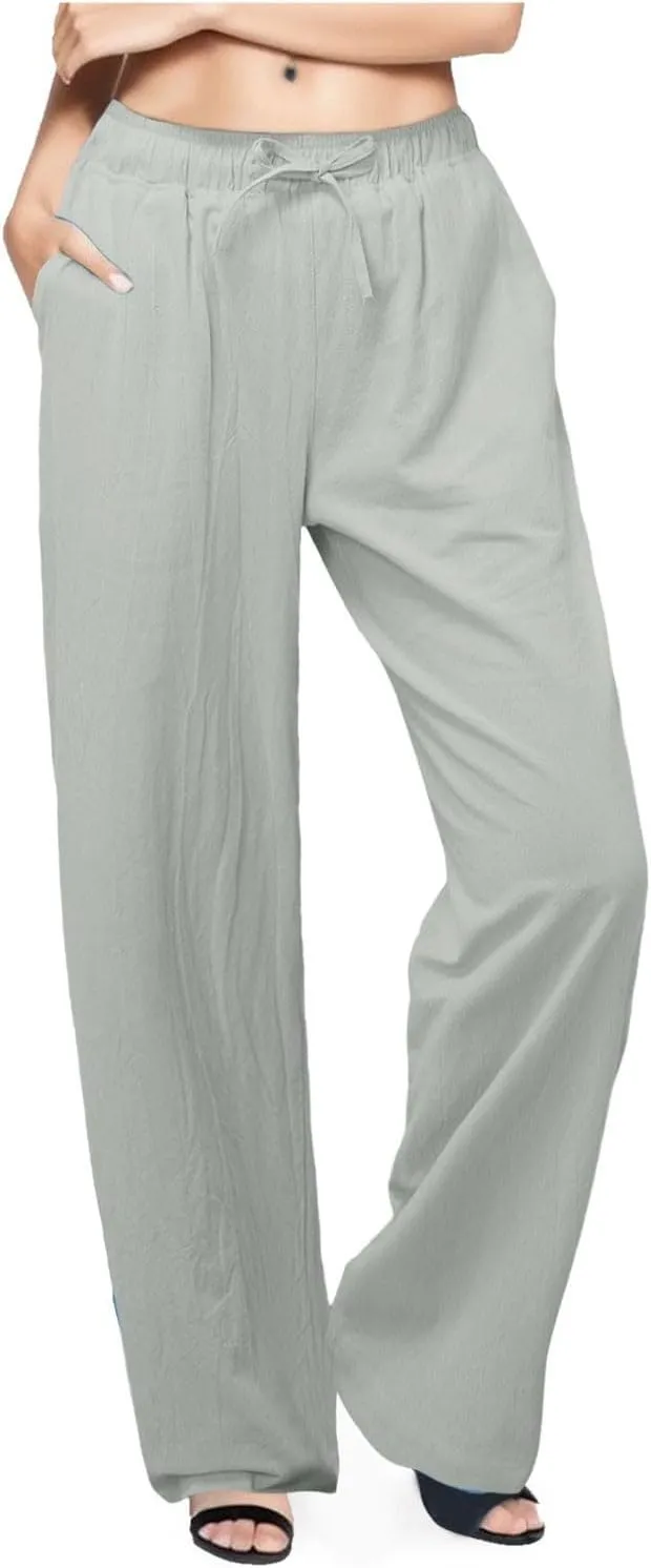 2025 Summer Womens Cotton Linen Pants Casual Drawstring High Elastic Wide Leg Soft Loose Fit Trousers with Pockets