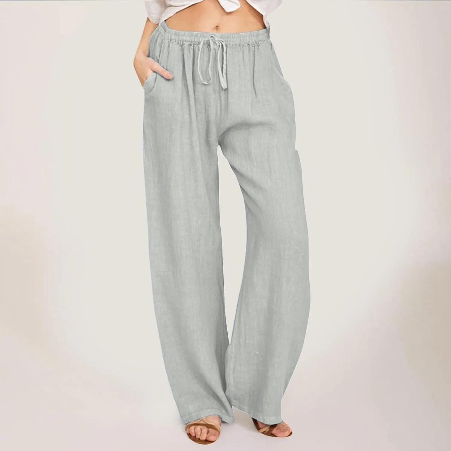2025 Summer Womens Cotton Linen Pants Casual Drawstring High Elastic Wide Leg Soft Loose Fit Trousers with Pockets