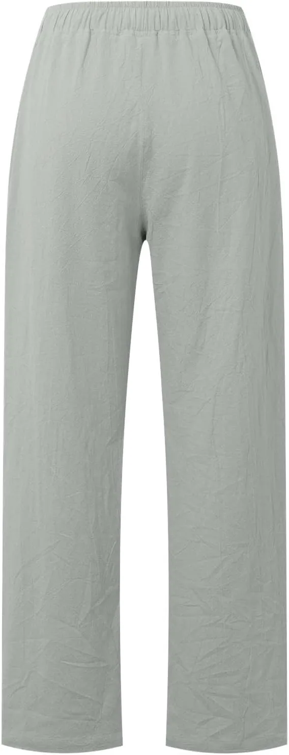 2025 Summer Womens Cotton Linen Pants Casual Drawstring High Elastic Wide Leg Soft Loose Fit Trousers with Pockets
