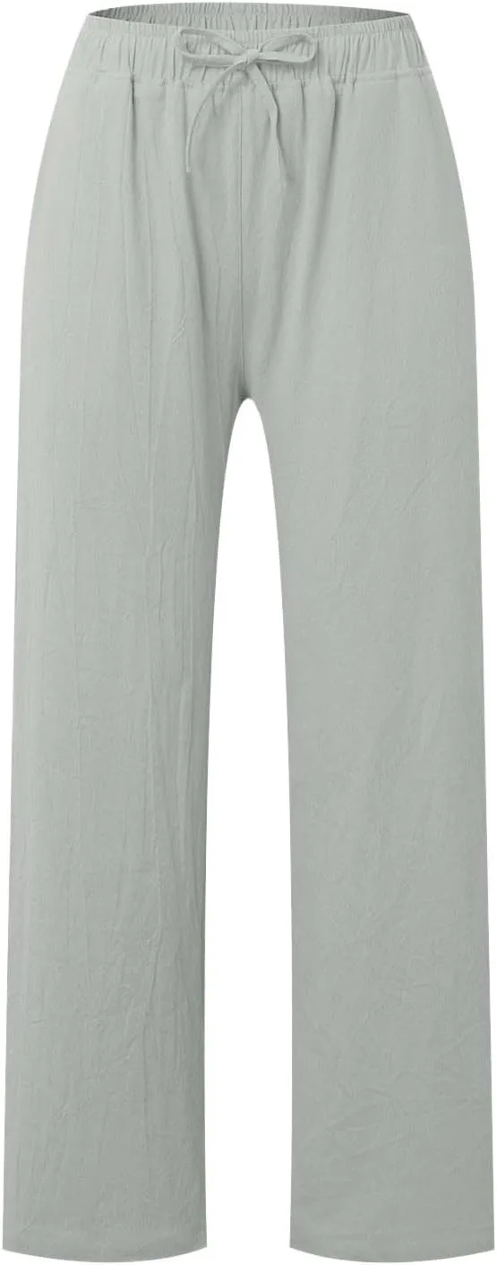 2025 Summer Womens Cotton Linen Pants Casual Drawstring High Elastic Wide Leg Soft Loose Fit Trousers with Pockets