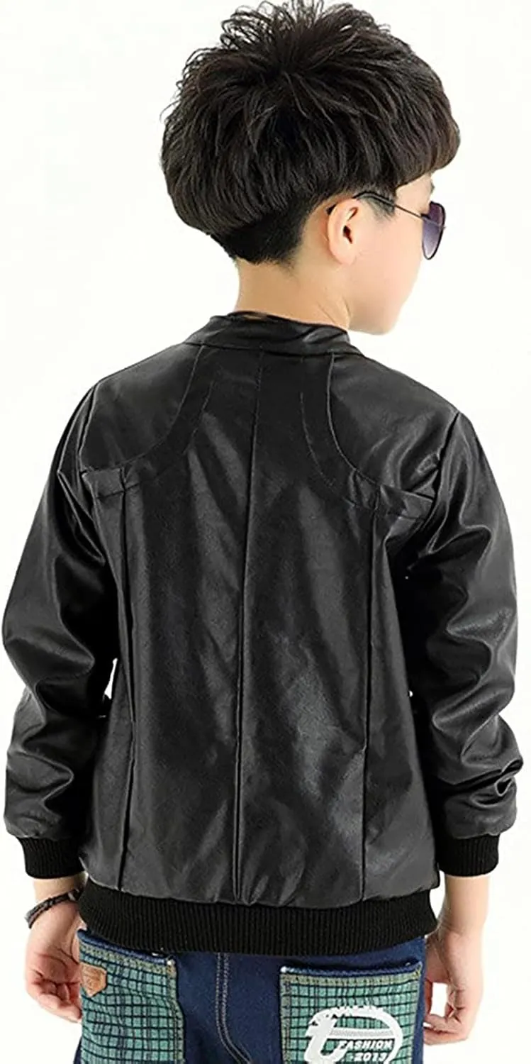 3-12Years Boy's Trendy Stand-Collar PU Leather Spring Moto Jacket Kids Zipper Fall Coats Outerwear