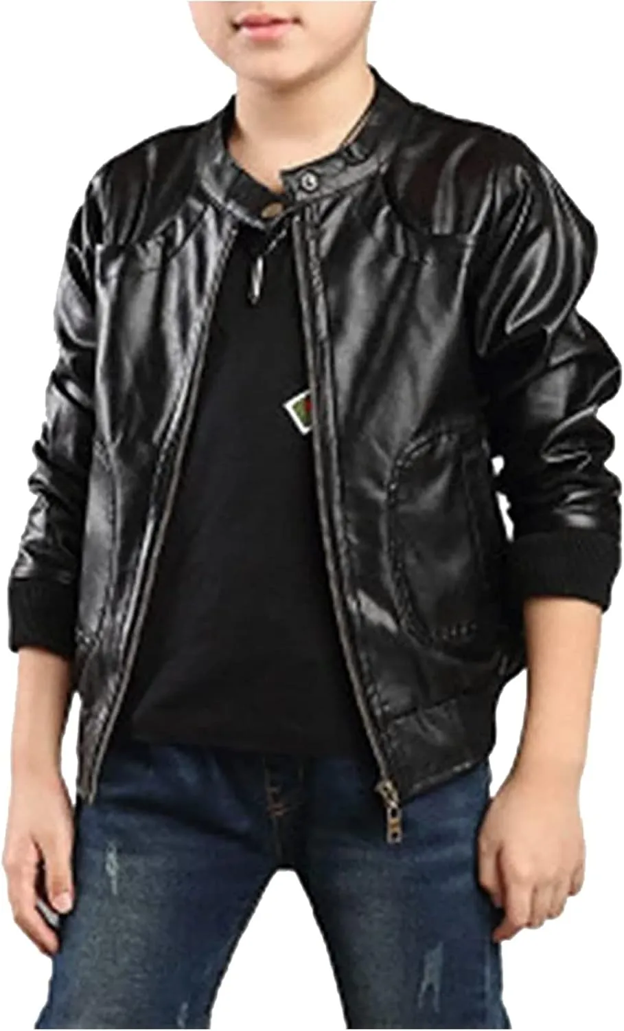 3-12Years Boy's Trendy Stand-Collar PU Leather Spring Moto Jacket Kids Zipper Fall Coats Outerwear
