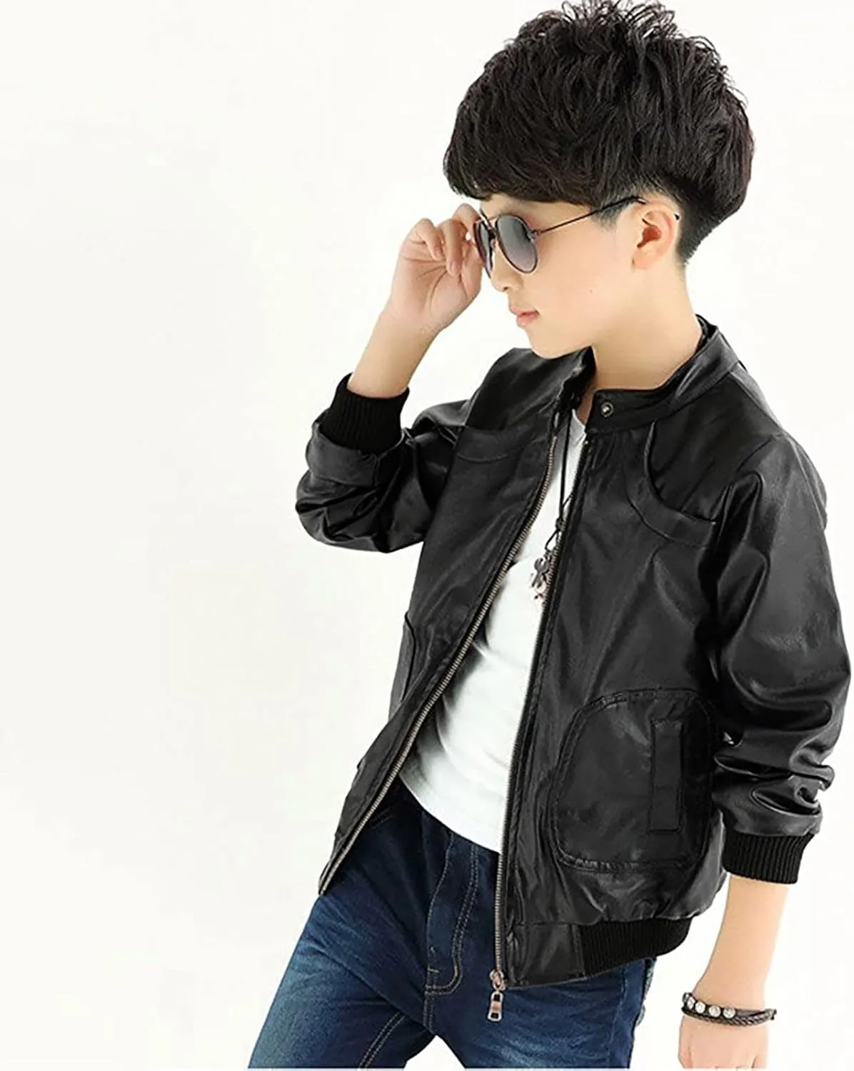 3-12Years Boy's Trendy Stand-Collar PU Leather Spring Moto Jacket Kids Zipper Fall Coats Outerwear