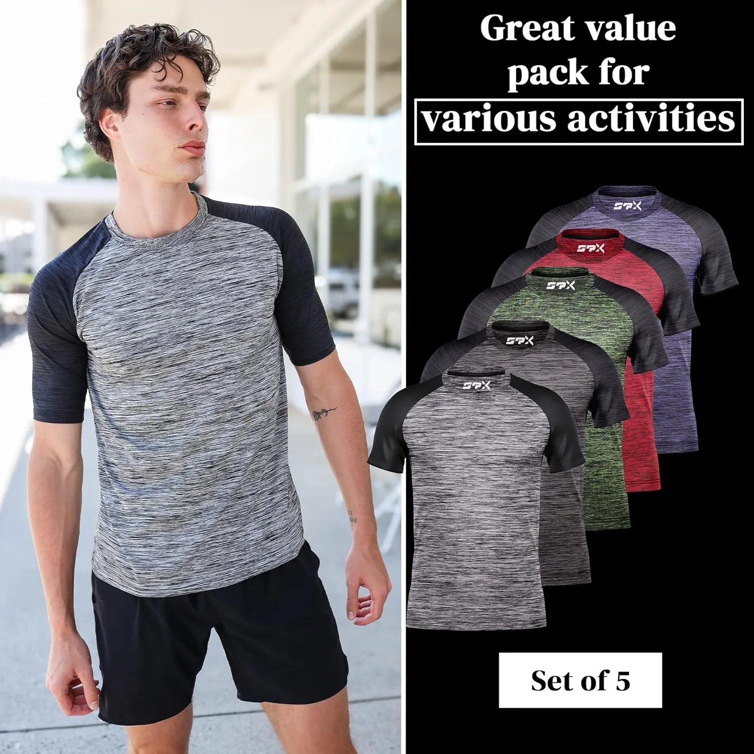 [5 Pack] Mens Workout Short Sleeve Dry Fit T Shirts Quick Dry Active Athletic Crewneck Running Gym Moisture Wicking Tee Tops