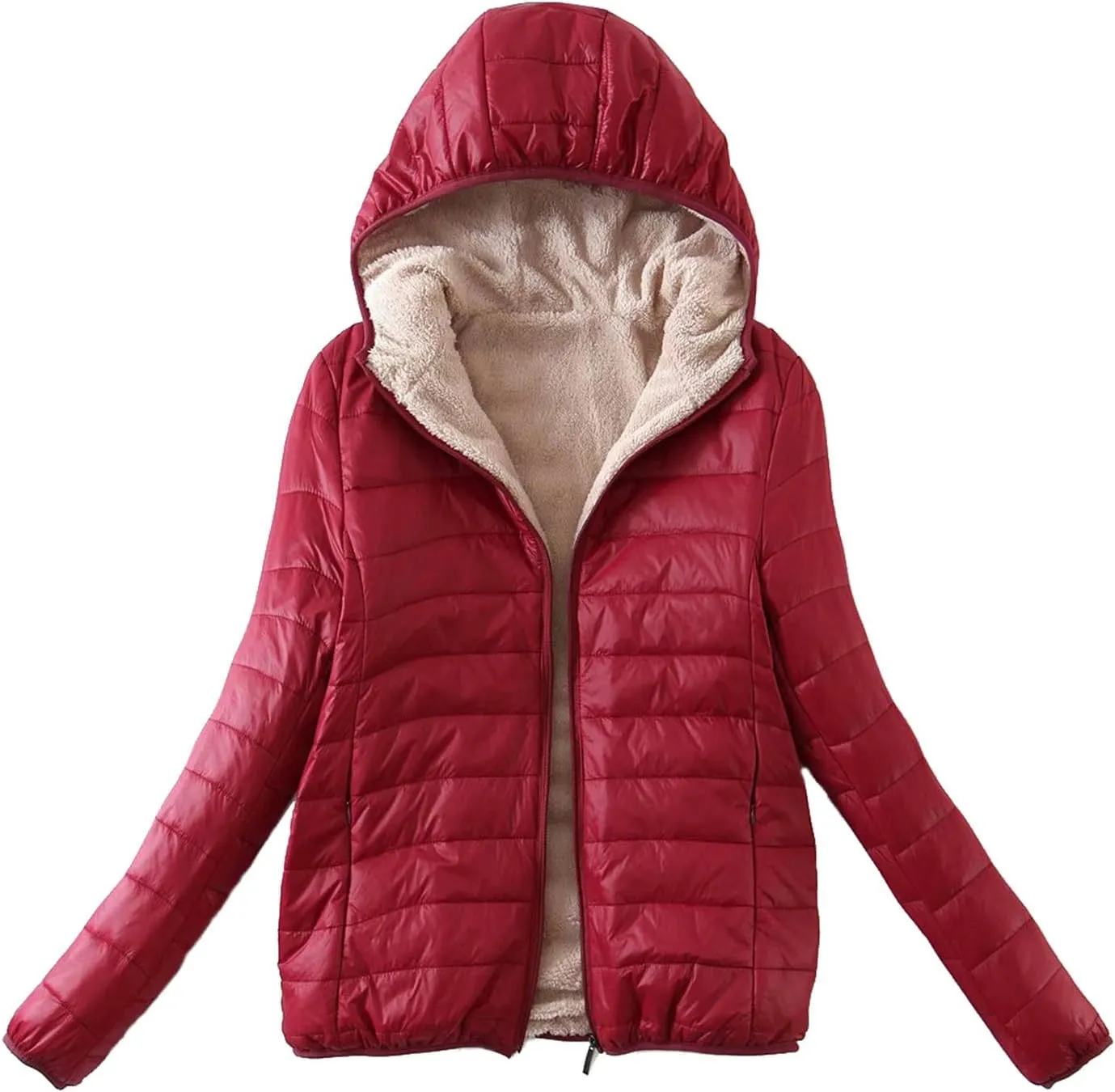 Akklian Womens Padded Cotton Puffer Jacket Winter Slim Fit Down Jackets & Parkas Zip Up Hooded Coat Sherpa Thermal Plush Tops