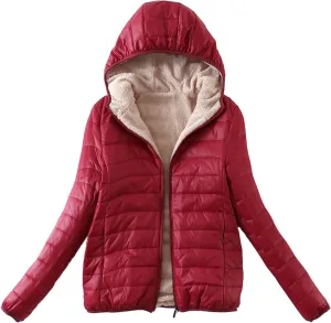 Akklian Womens Padded Cotton Puffer Jacket Winter Slim Fit Down Jackets & Parkas Zip Up Hooded Coat Sherpa Thermal Plush Tops