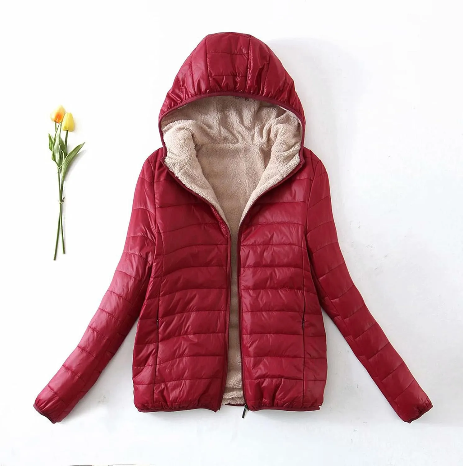 Akklian Womens Padded Cotton Puffer Jacket Winter Slim Fit Down Jackets & Parkas Zip Up Hooded Coat Sherpa Thermal Plush Tops