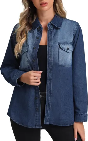 Allegra K Denim Jacket for Women's 2024 Fall Trendy Long Sleeve Shacket Button Down Washed Jean Jackets
