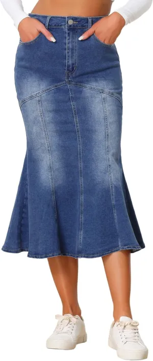 Allegra K Fishtail Denim Skirt for Women's Casual High Waisted Bodycon Midi Jean Skirts