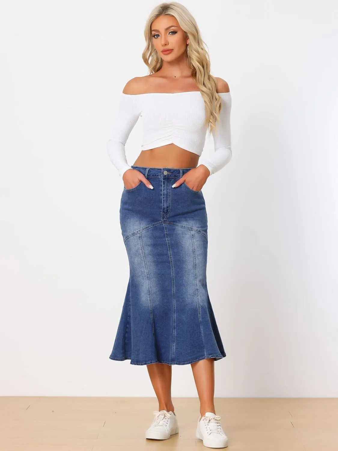Allegra K Fishtail Denim Skirt for Women's Casual High Waisted Bodycon Midi Jean Skirts