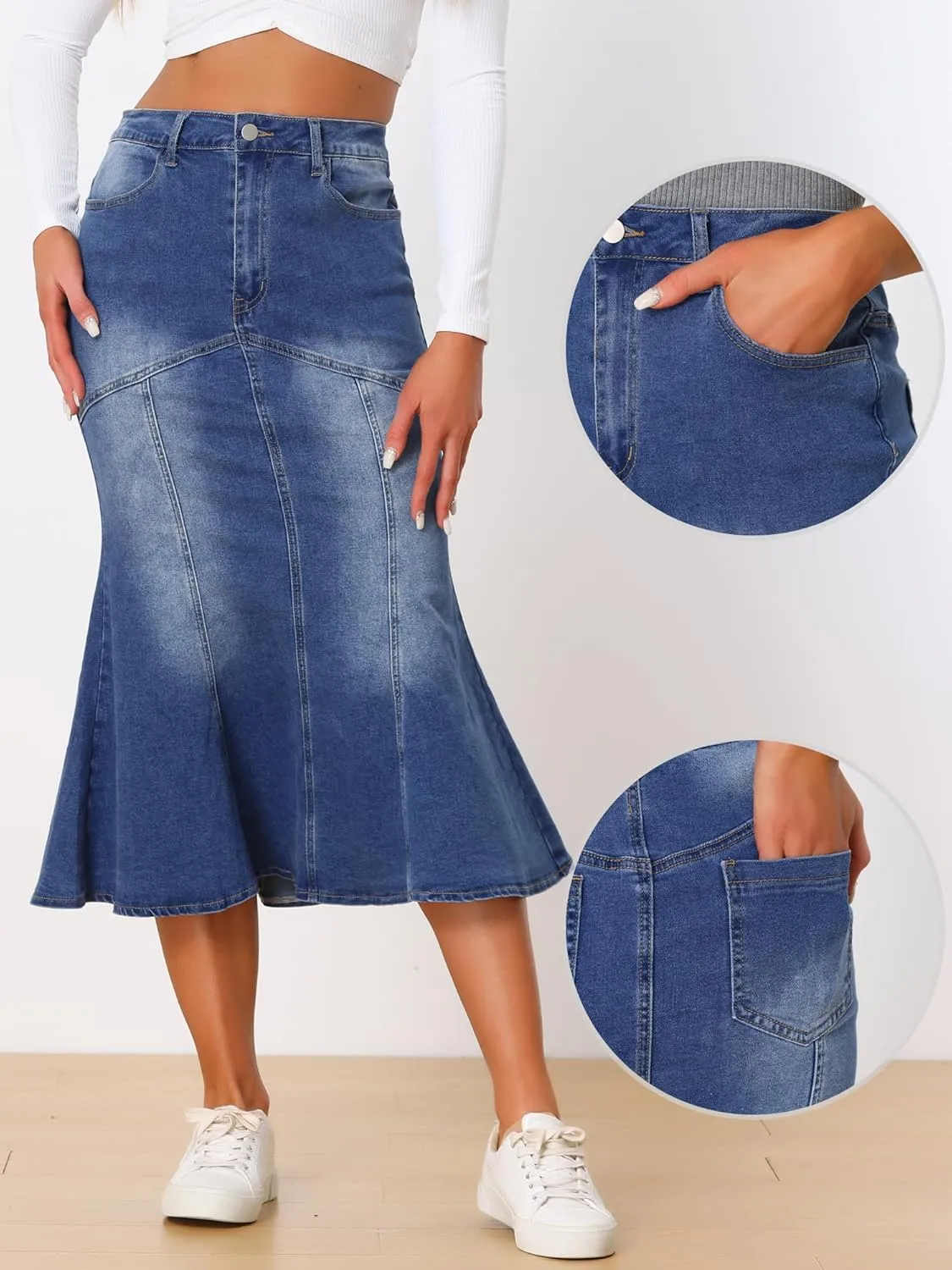 Allegra K Fishtail Denim Skirt for Women's Casual High Waisted Bodycon Midi Jean Skirts