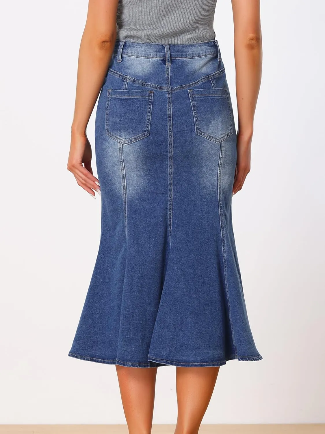 Allegra K Fishtail Denim Skirt for Women's Casual High Waisted Bodycon Midi Jean Skirts