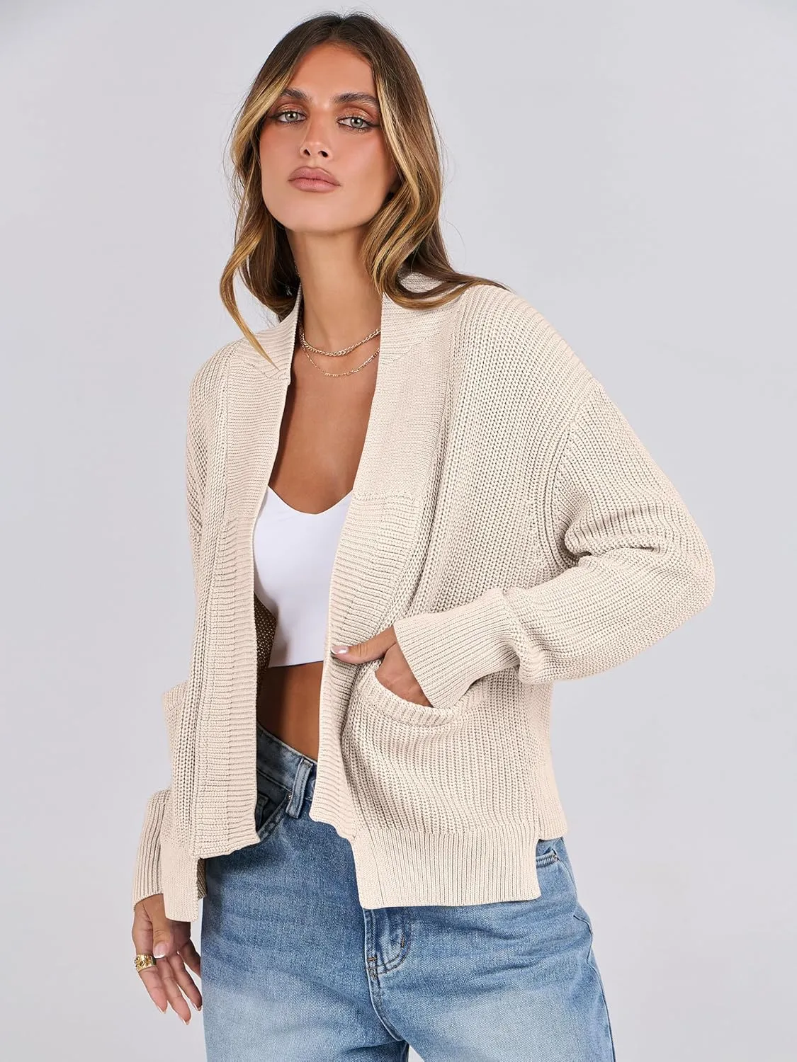 ANRABESS Women Jackets Sweaters Long Sleeve Open Front Loose Lightweight Knit Cropped Cardigan 2025 Spring Trendy Coats