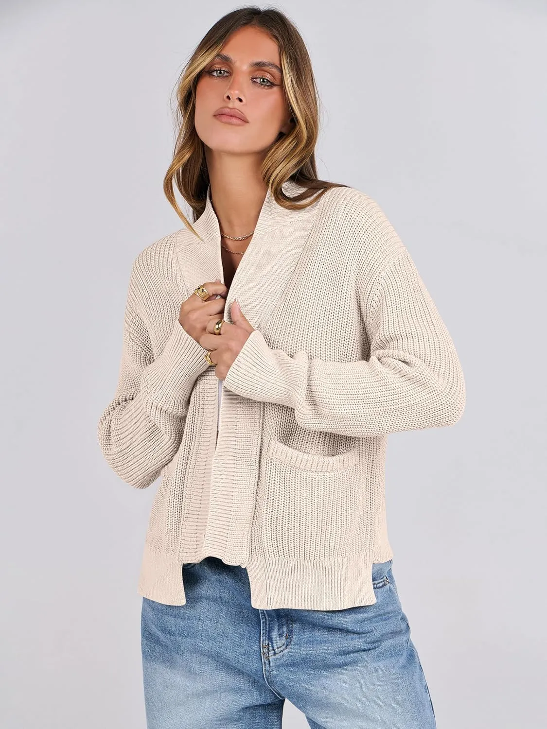 ANRABESS Women Jackets Sweaters Long Sleeve Open Front Loose Lightweight Knit Cropped Cardigan 2025 Spring Trendy Coats