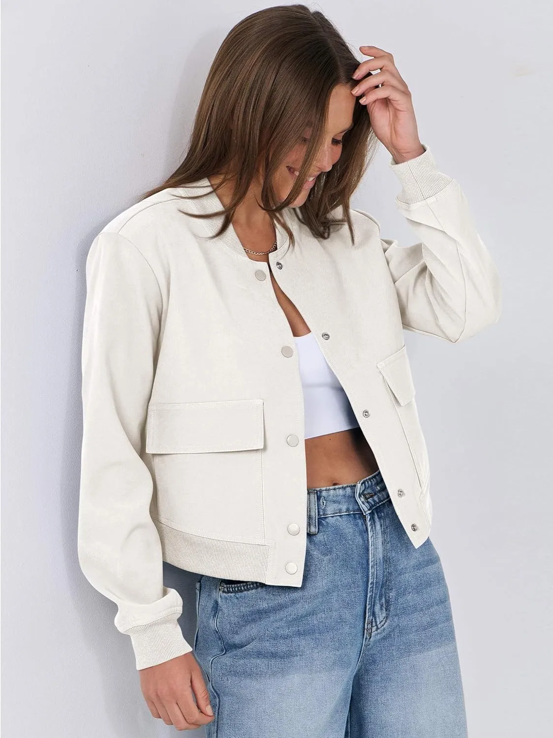 ANRABESS Womens Bomber Jacket Button Cropped Casual Varsity Jackets Shackets Fall Trendy Fashion Travel Outfits with Pockets