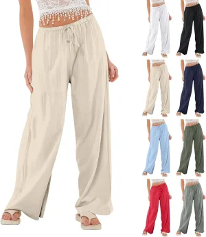 Baggy Wide Leg Linen Pants for Women Elastic High Waisted Pants Summer Beach Vacation Gauze Pants with Pockets