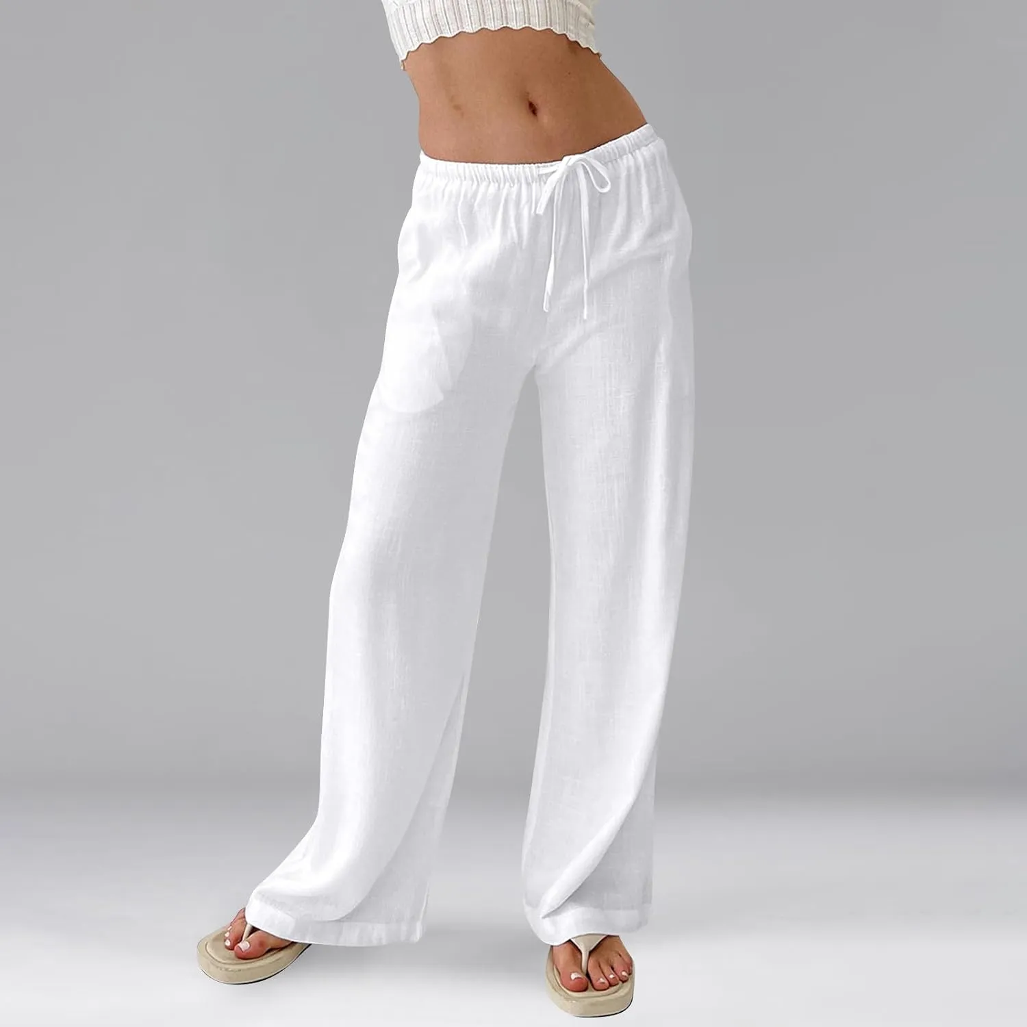 Baggy Wide Leg Linen Pants for Women Elastic High Waisted Pants Summer Beach Vacation Gauze Pants with Pockets