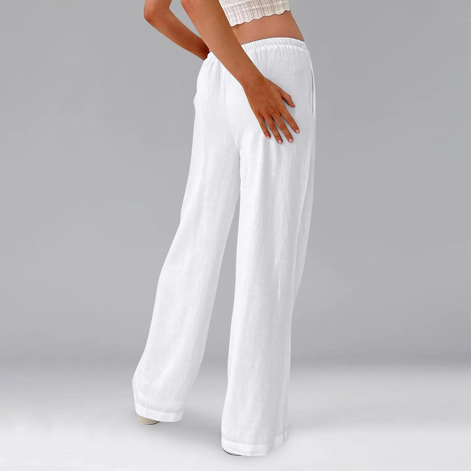 Baggy Wide Leg Linen Pants for Women Elastic High Waisted Pants Summer Beach Vacation Gauze Pants with Pockets