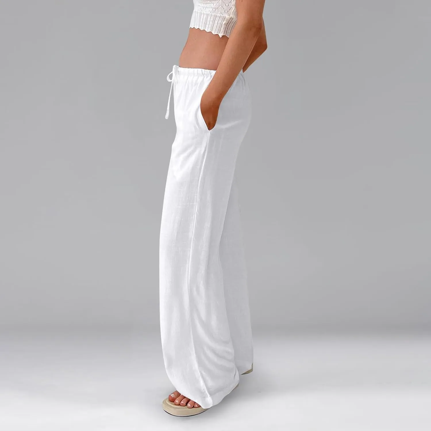 Baggy Wide Leg Linen Pants for Women Elastic High Waisted Pants Summer Beach Vacation Gauze Pants with Pockets