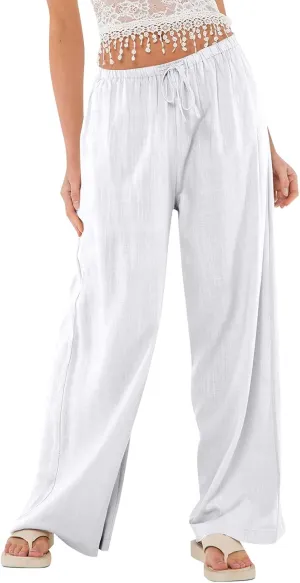 Baggy Wide Leg Linen Pants for Women Elastic High Waisted Pants Summer Beach Vacation Gauze Pants with Pockets