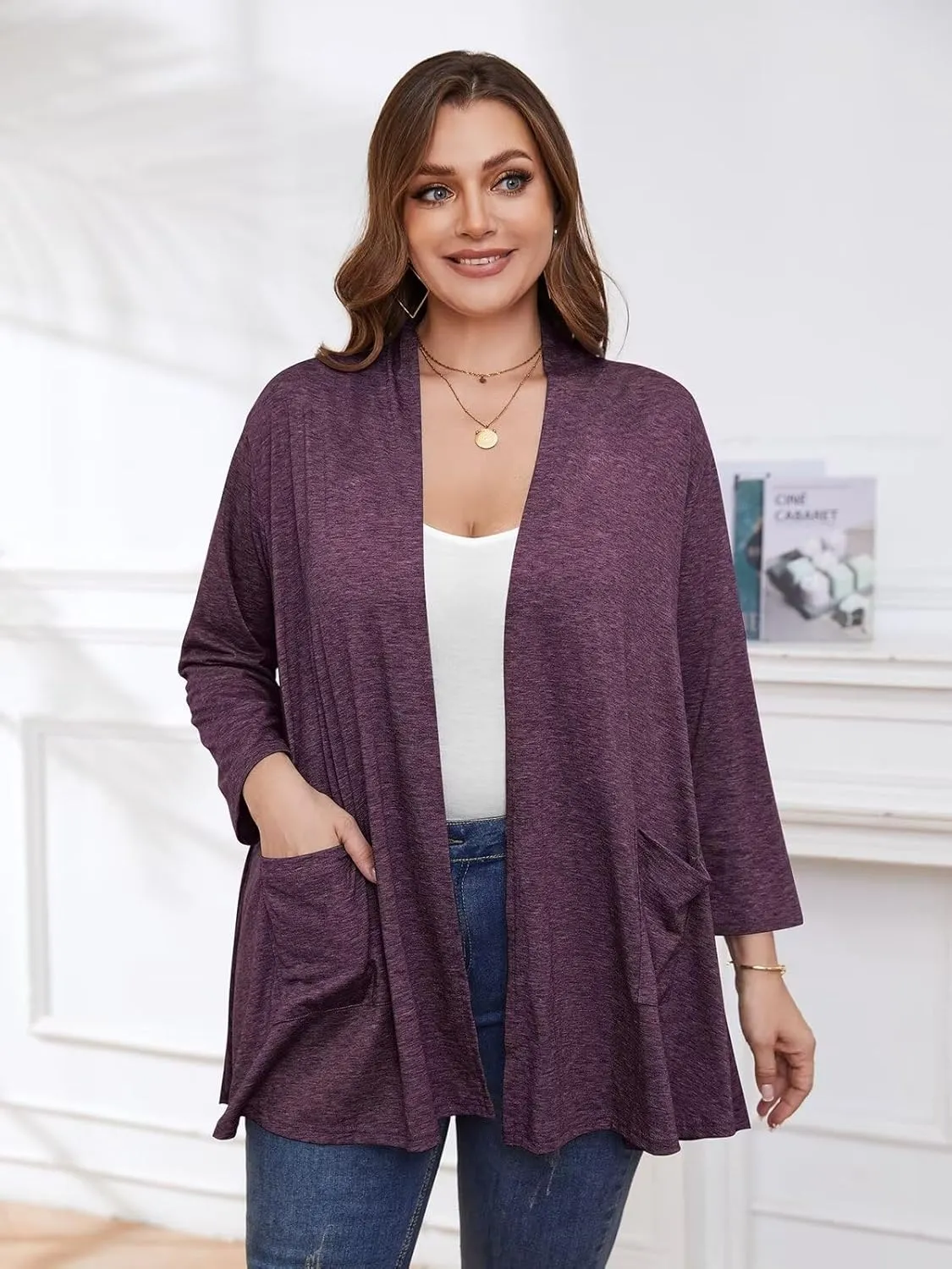BELAROI Women Cardigan Casual Lightweight Plus Size Cardigan 3/4 Sleeve Open Front Soft Light Cardigan Drape Duster