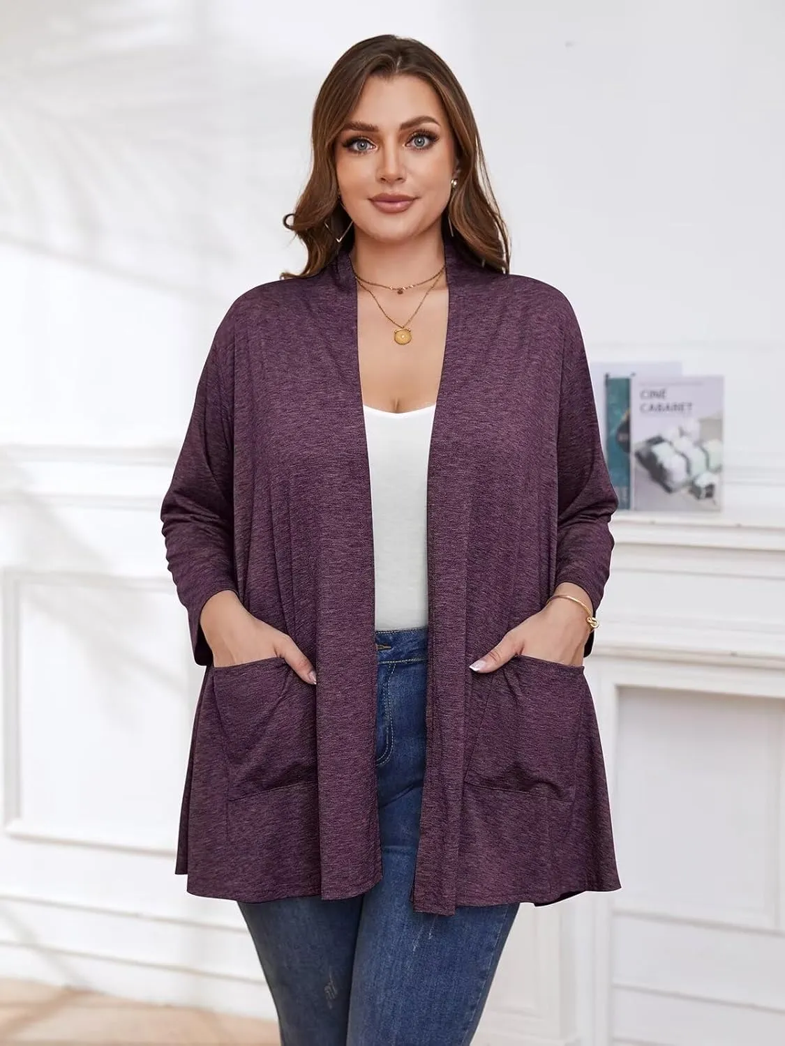 BELAROI Women Cardigan Casual Lightweight Plus Size Cardigan 3/4 Sleeve Open Front Soft Light Cardigan Drape Duster