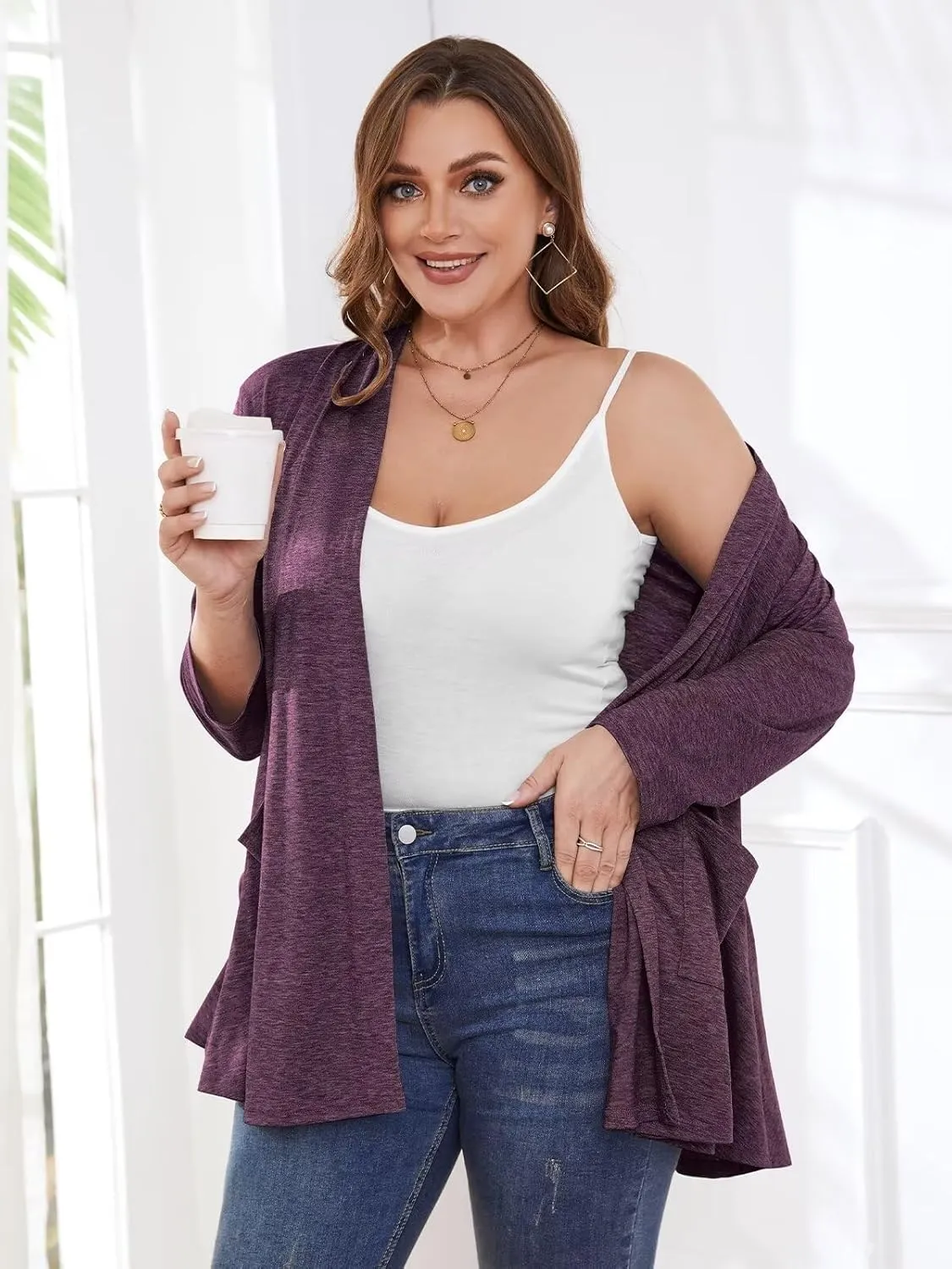 BELAROI Women Cardigan Casual Lightweight Plus Size Cardigan 3/4 Sleeve Open Front Soft Light Cardigan Drape Duster