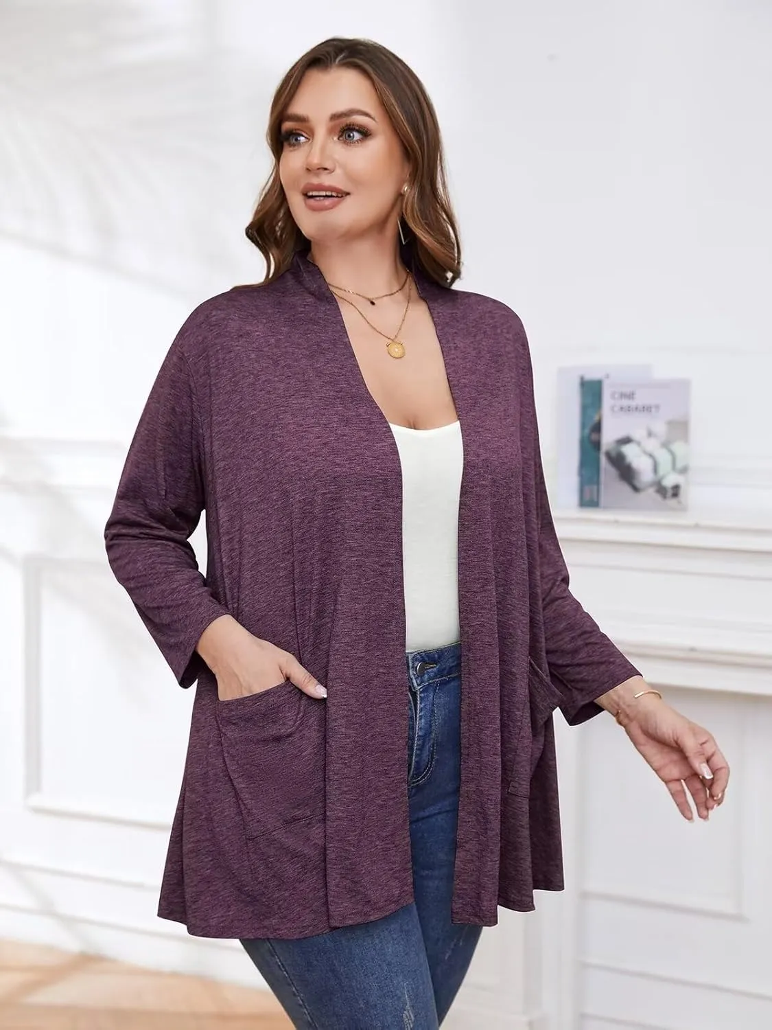 BELAROI Women Cardigan Casual Lightweight Plus Size Cardigan 3/4 Sleeve Open Front Soft Light Cardigan Drape Duster