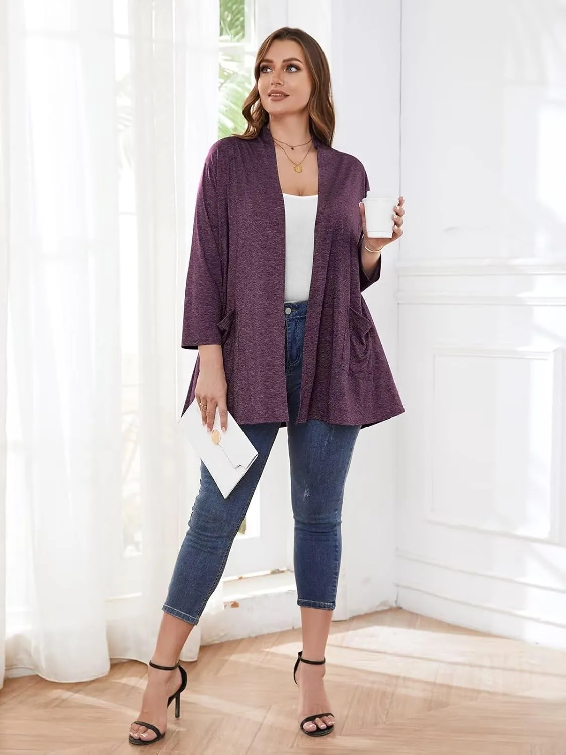 BELAROI Women Cardigan Casual Lightweight Plus Size Cardigan 3/4 Sleeve Open Front Soft Light Cardigan Drape Duster
