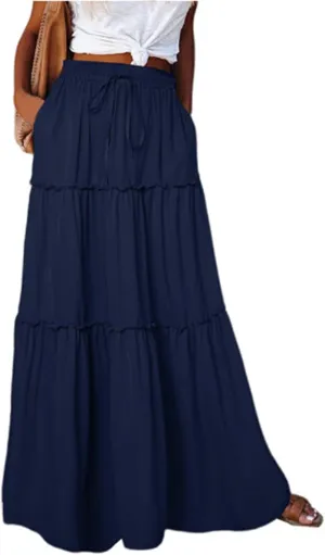 Bohemian Long Skirts Women's Flowy High Waist A Line Summer Pleated Maxi Skirts for Women with Pockets Drawstring