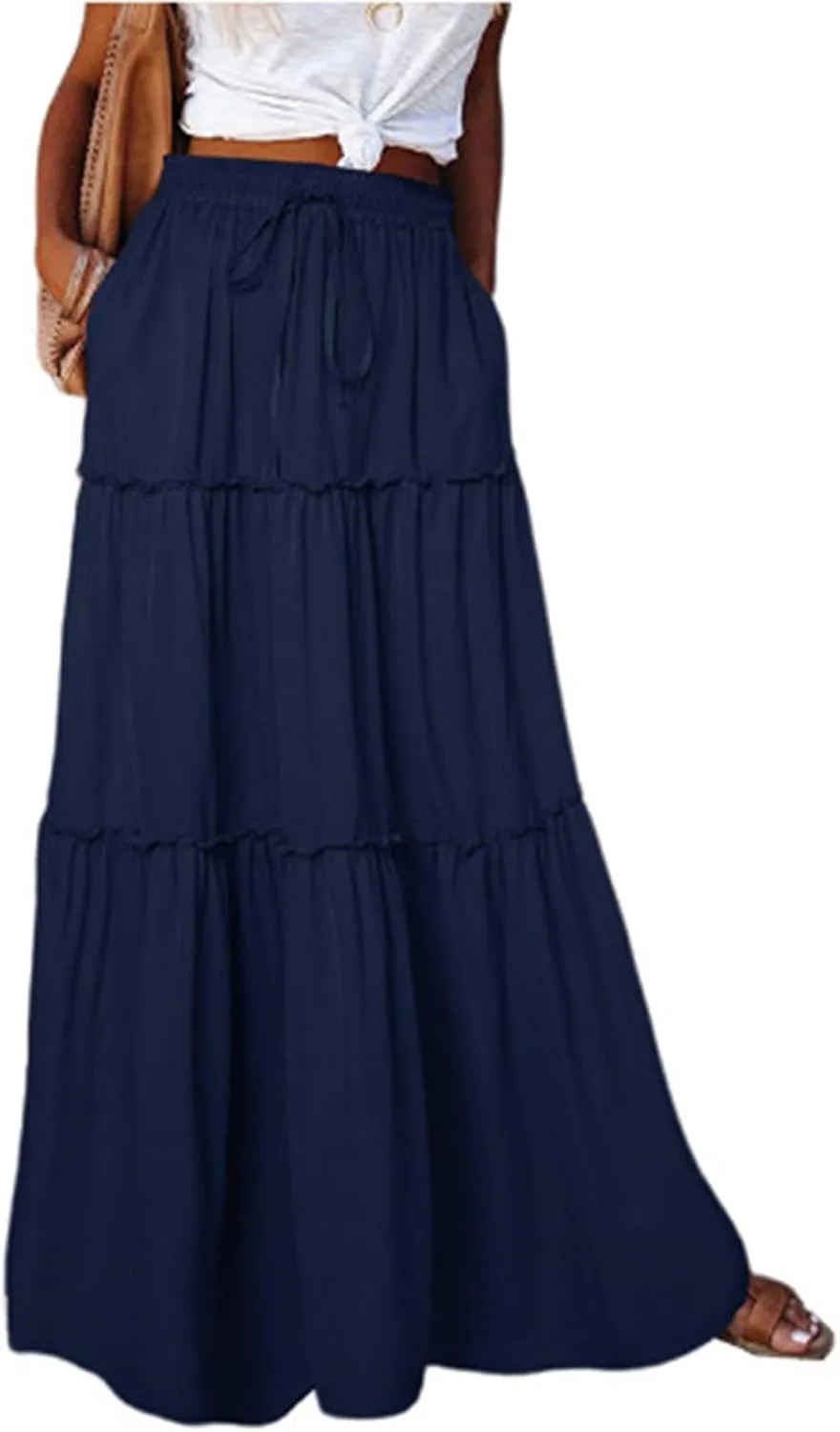 Bohemian Long Skirts Women's Flowy High Waist A Line Summer Pleated Maxi Skirts for Women with Pockets Drawstring