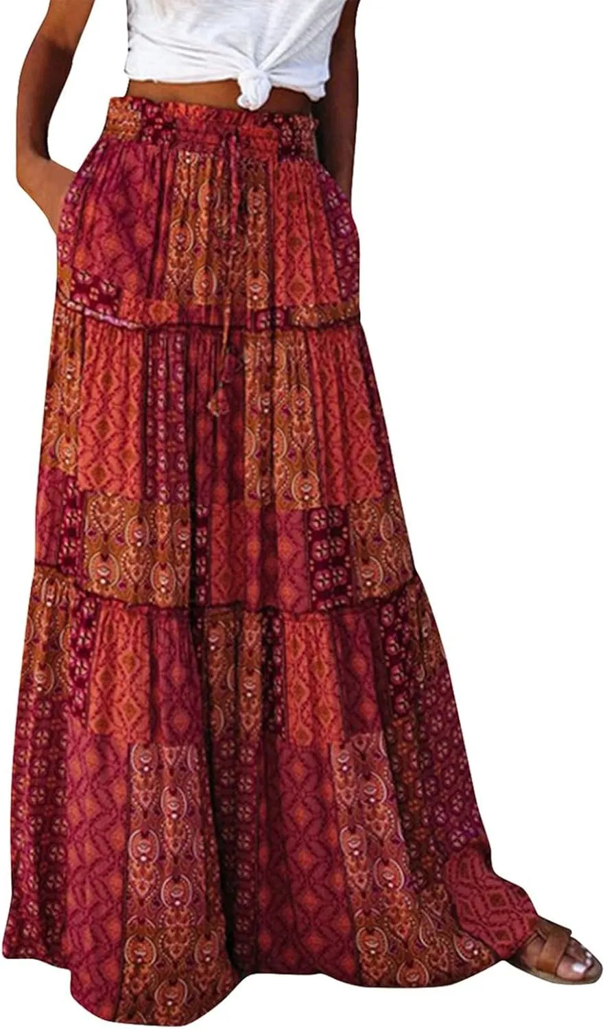 Bohemian Long Skirts Women's Flowy High Waist A Line Summer Pleated Maxi Skirts for Women with Pockets Drawstring