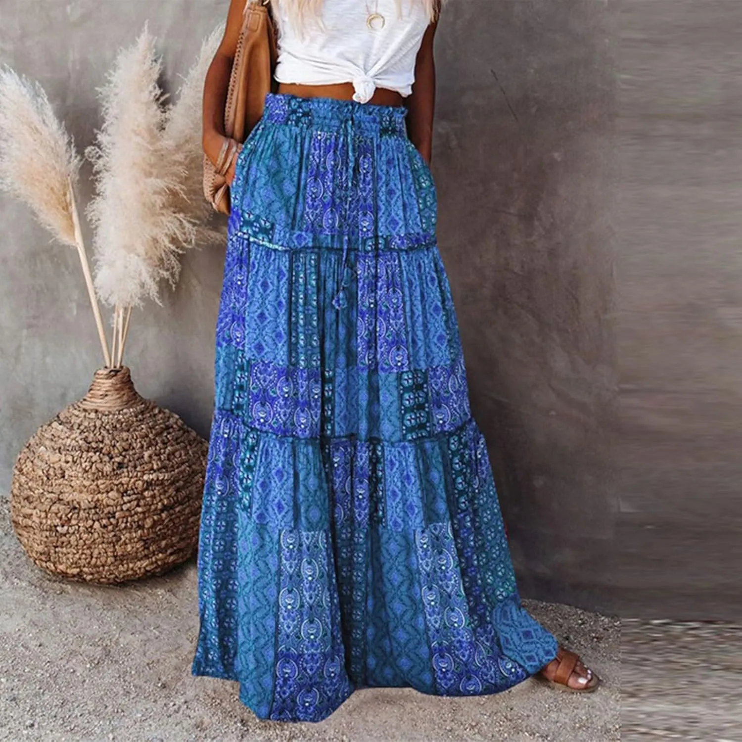 Bohemian Long Skirts Women's Flowy High Waist A Line Summer Pleated Maxi Skirts for Women with Pockets Drawstring