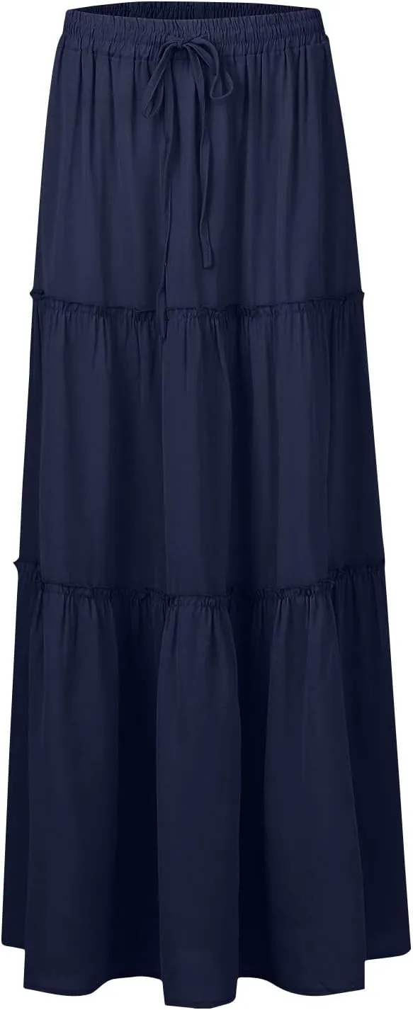Bohemian Long Skirts Women's Flowy High Waist A Line Summer Pleated Maxi Skirts for Women with Pockets Drawstring