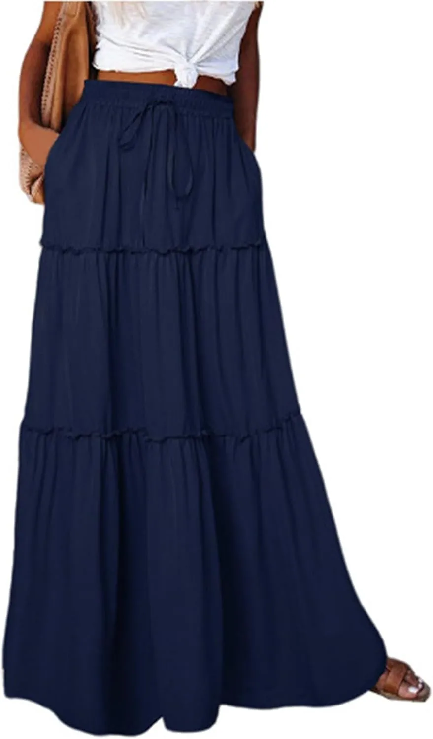 Bohemian Long Skirts Women's Flowy High Waist A Line Summer Pleated Maxi Skirts for Women with Pockets Drawstring