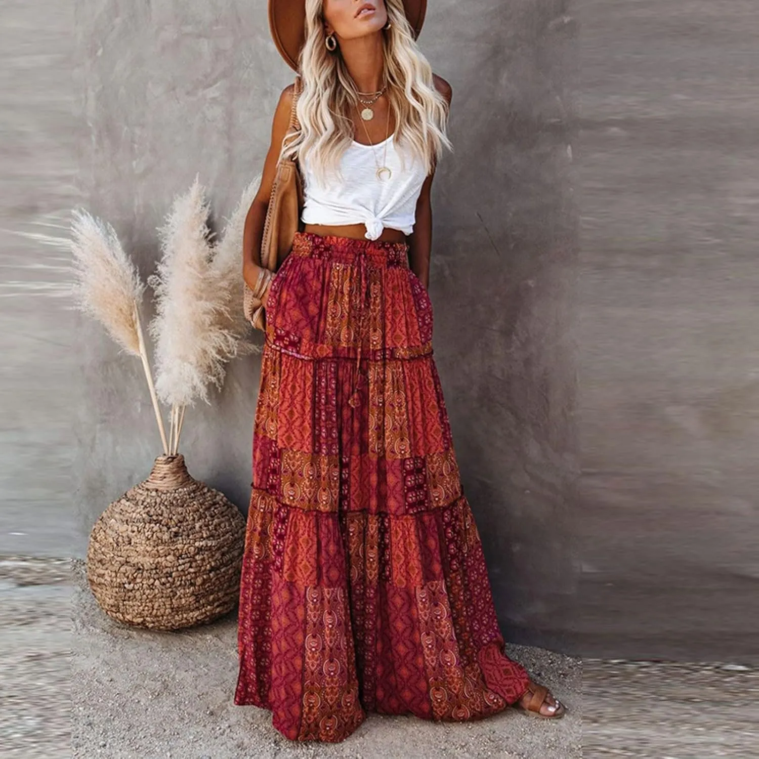 Bohemian Long Skirts Women's Flowy High Waist A Line Summer Pleated Maxi Skirts for Women with Pockets Drawstring