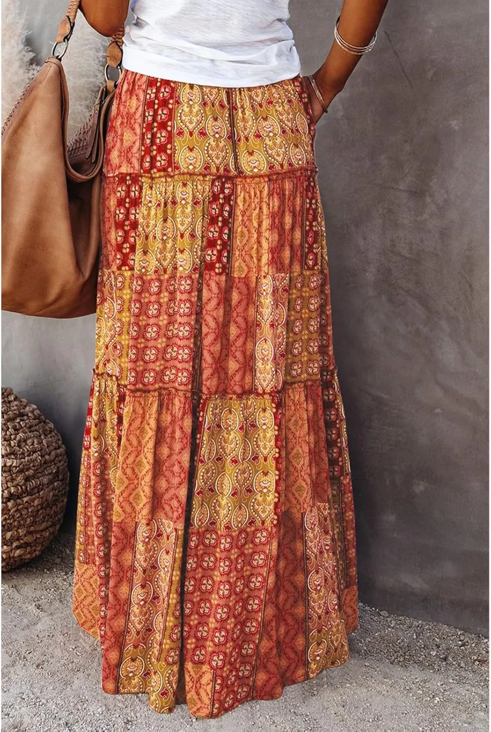 Bohemian Long Skirts Women's Flowy High Waist A Line Summer Pleated Maxi Skirts for Women with Pockets Drawstring