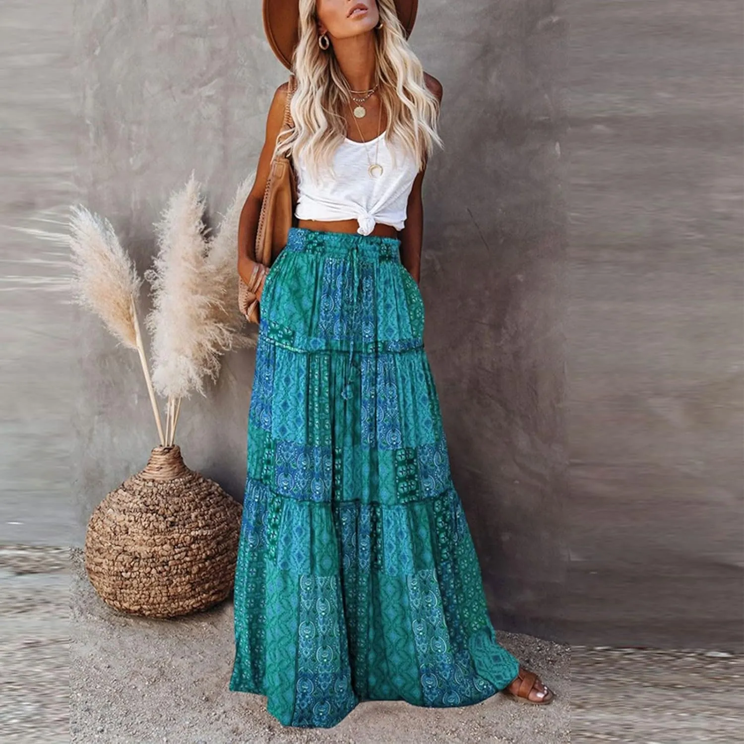 Bohemian Long Skirts Women's Flowy High Waist A Line Summer Pleated Maxi Skirts for Women with Pockets Drawstring