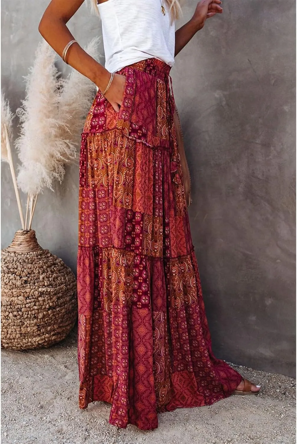 Bohemian Long Skirts Women's Flowy High Waist A Line Summer Pleated Maxi Skirts for Women with Pockets Drawstring