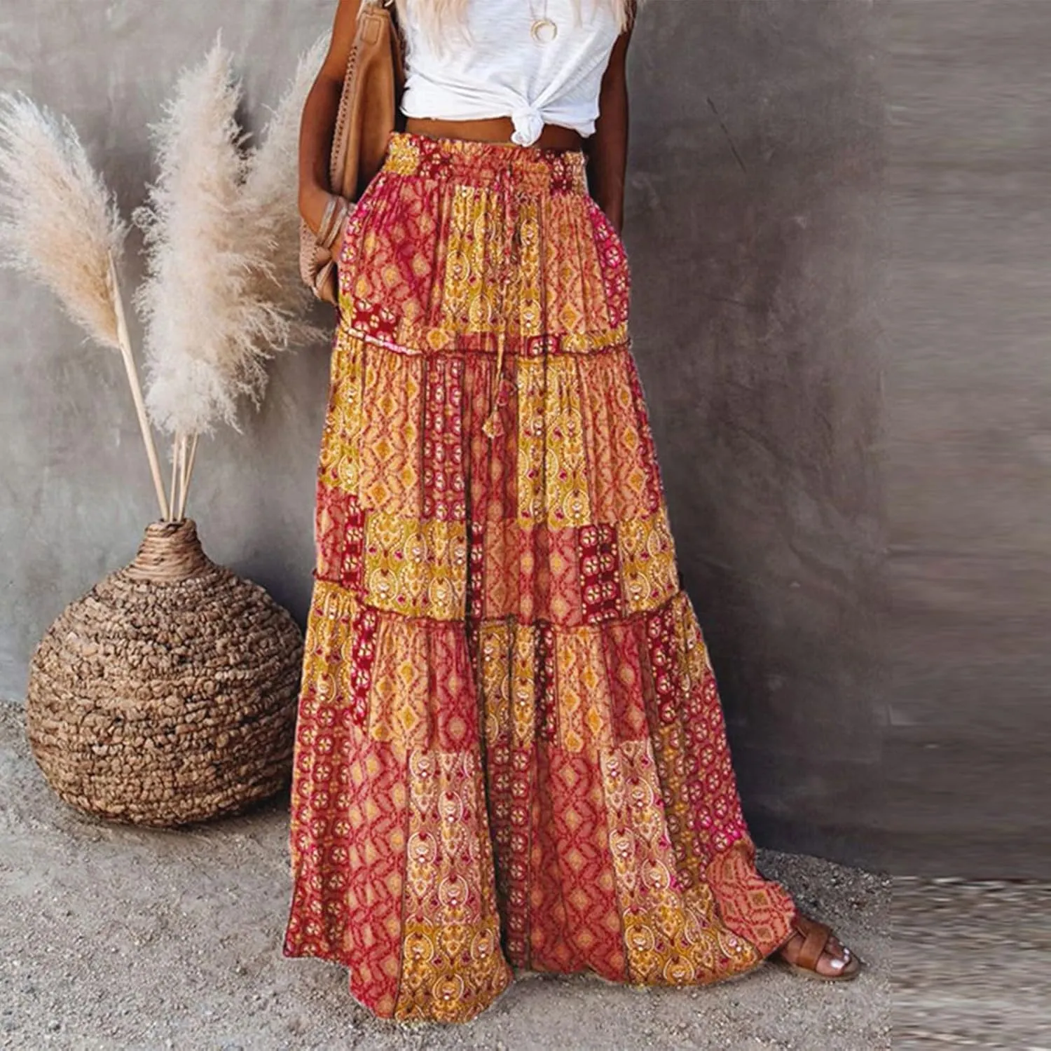 Bohemian Long Skirts Women's Flowy High Waist A Line Summer Pleated Maxi Skirts for Women with Pockets Drawstring