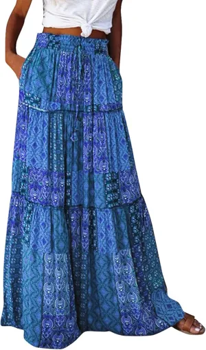 Bohemian Long Skirts Women's Flowy High Waist A Line Summer Pleated Maxi Skirts for Women with Pockets Drawstring