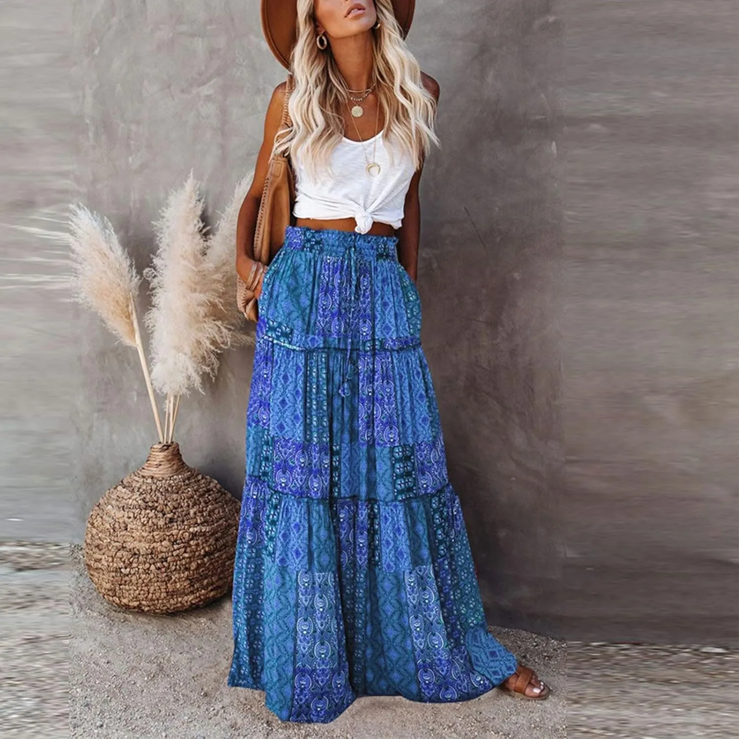 Bohemian Long Skirts Women's Flowy High Waist A Line Summer Pleated Maxi Skirts for Women with Pockets Drawstring
