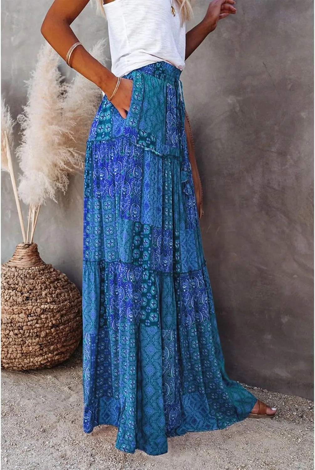Bohemian Long Skirts Women's Flowy High Waist A Line Summer Pleated Maxi Skirts for Women with Pockets Drawstring