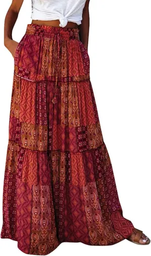 Bohemian Long Skirts Women's Flowy High Waist A Line Summer Pleated Maxi Skirts for Women with Pockets Drawstring