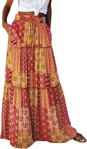 Bohemian Long Skirts Women's Flowy High Waist A Line Summer Pleated Maxi Skirts for Women with Pockets Drawstring