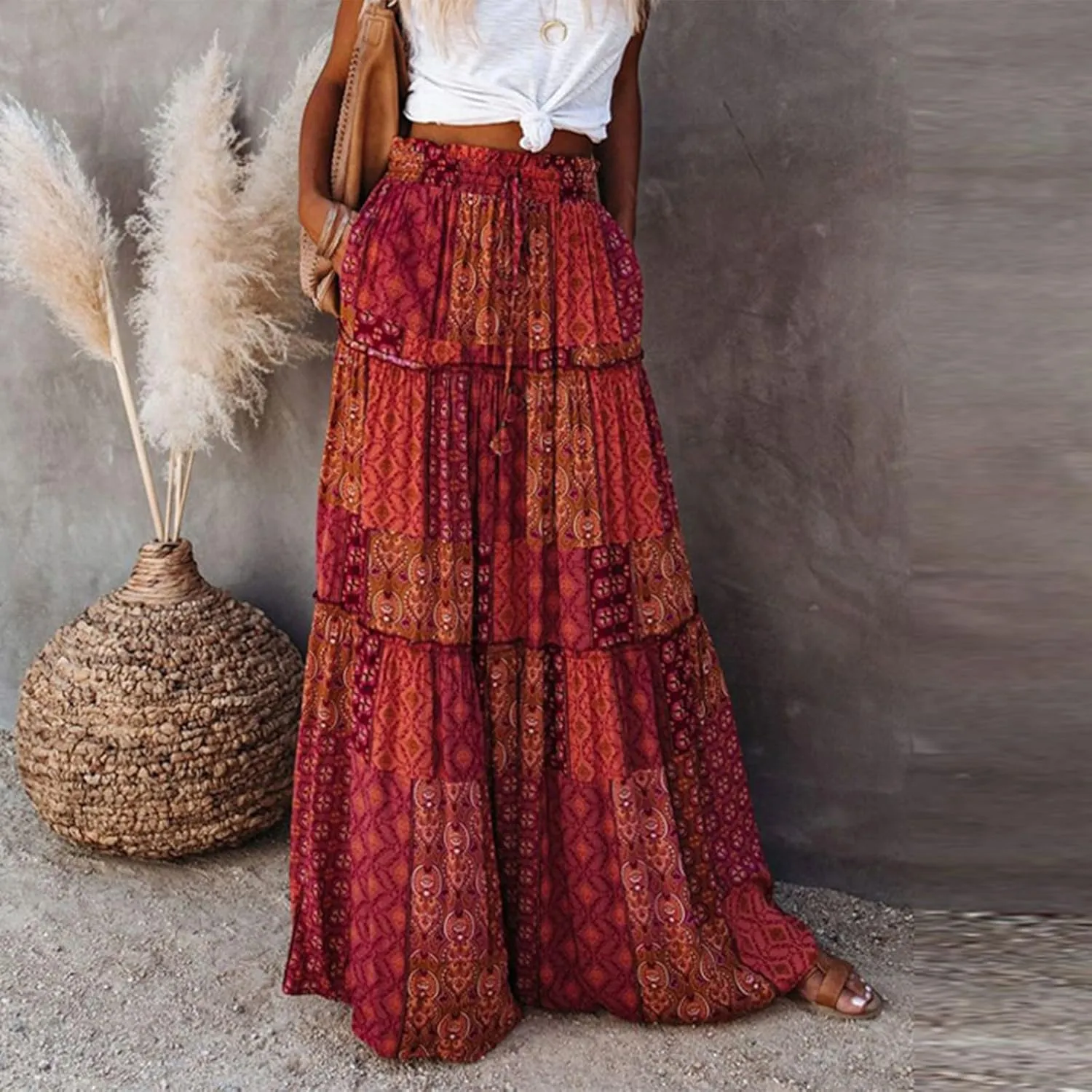 Bohemian Long Skirts Women's Flowy High Waist A Line Summer Pleated Maxi Skirts for Women with Pockets Drawstring