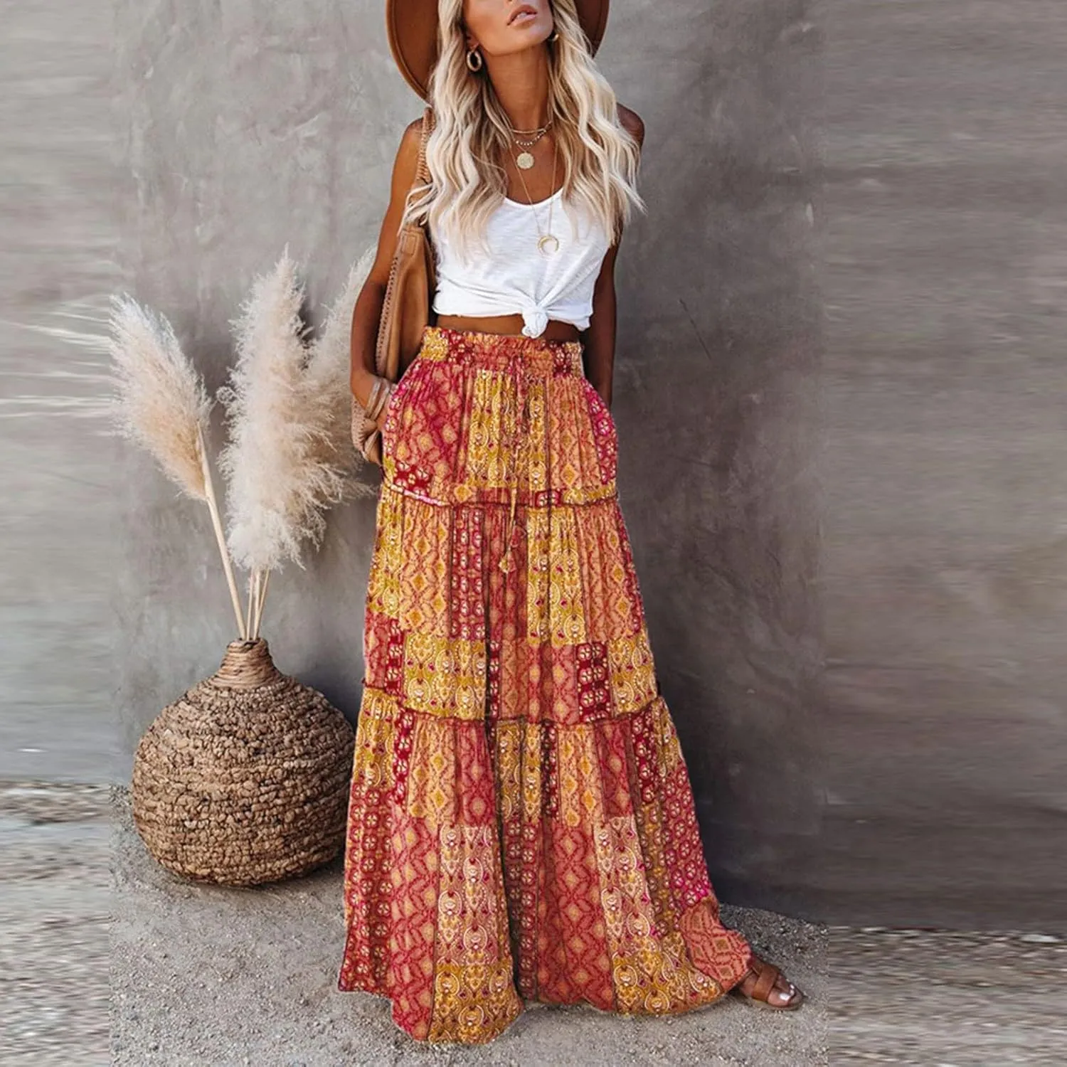 Bohemian Long Skirts Women's Flowy High Waist A Line Summer Pleated Maxi Skirts for Women with Pockets Drawstring