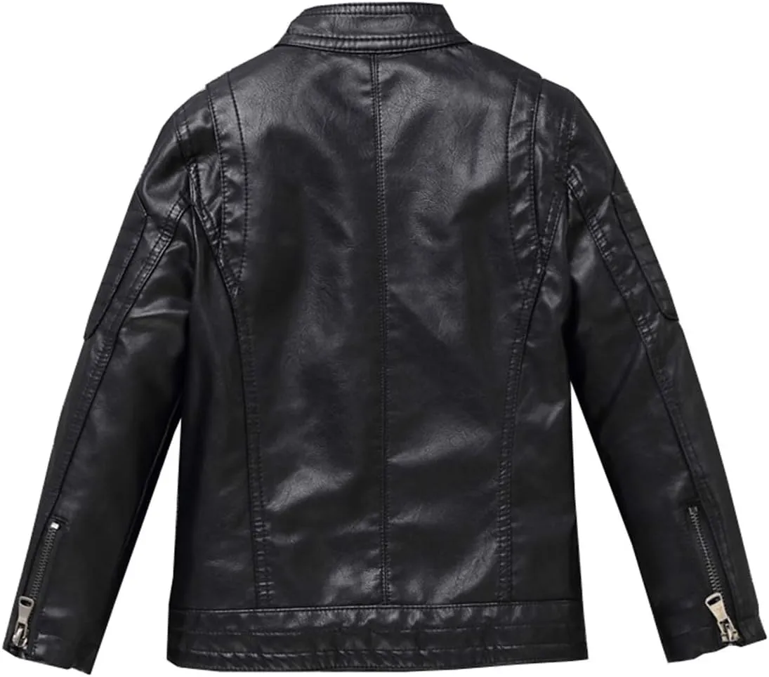 Boys Girls Spring Motorcycle Faux Leather Studded Jackets with Oblique Zipper Clothing Coat