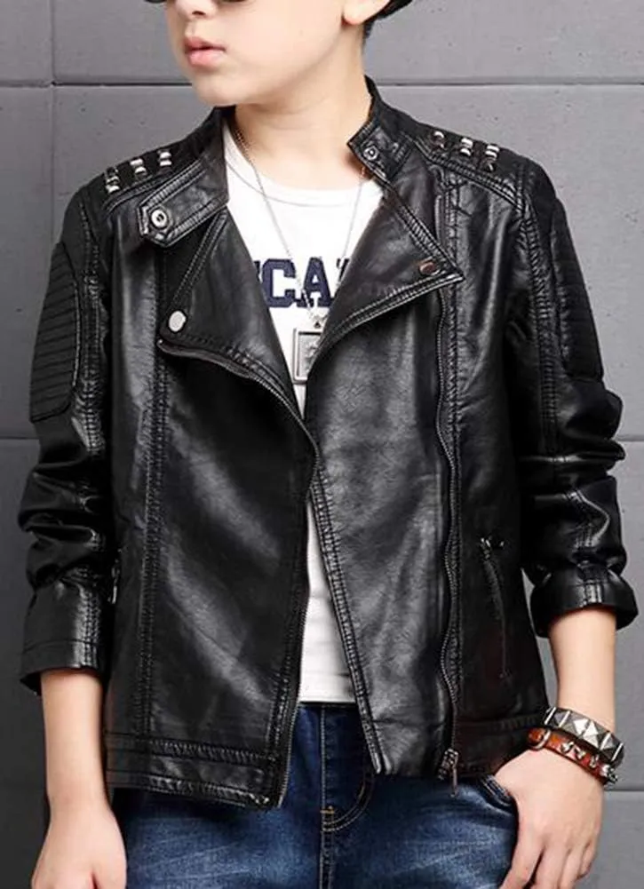 Boys Girls Spring Motorcycle Faux Leather Studded Jackets with Oblique Zipper Clothing Coat
